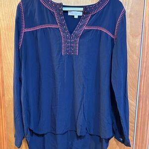 LOFT Dark Blue Blouse with Red and Brown Embroidery